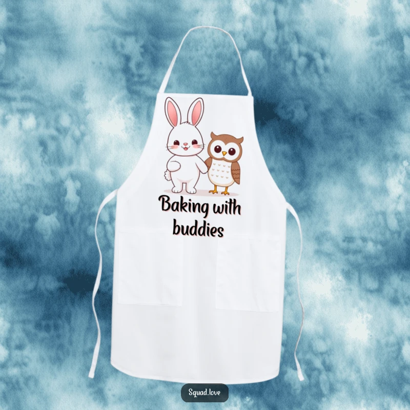 Funny beaming kawaii bunny and smiling owl holding hands, featured on a functional and funny apron.