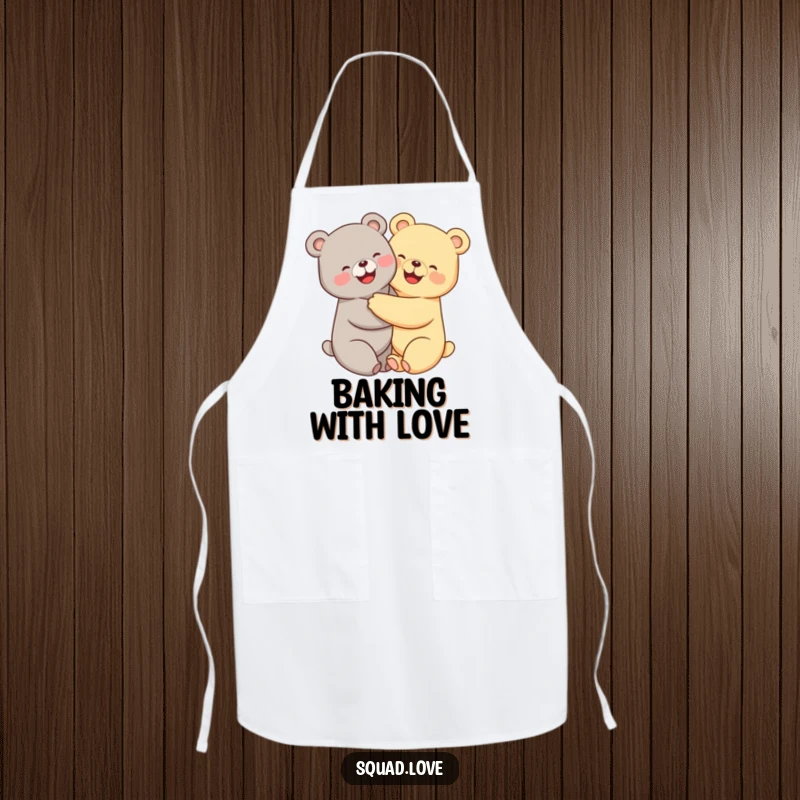 Funny kawaii bears apron, two cute bears hugging tightly with radiant smiles, suitable for kitchen use.