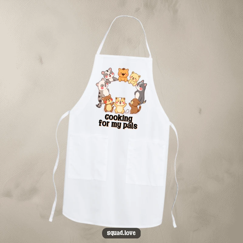 Funny apron with a circle of diverse animal friends holding hands and laughing, ideal for cooking and baking.