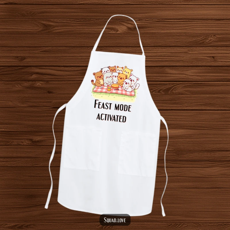 Funny apron showcasing diverse kawaii animals laughing on a picnic blanket, perfect for joyous hosting and outdoor events.