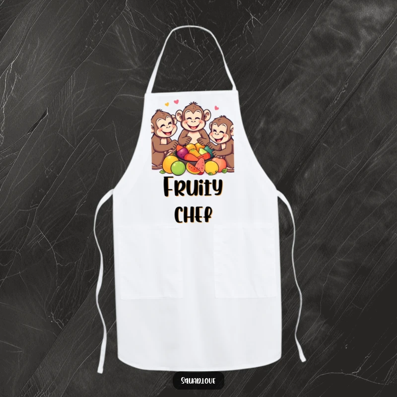 Funny Monkey Apron: Smiling monkeys enjoying a colorful fruit feast, designed for kitchen fun and shared meals.