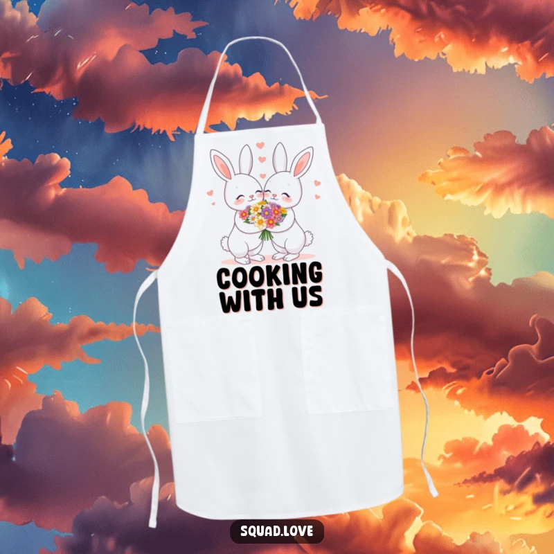 Funny apron showcasing a loving bunny couple sharing a flower bouquet, ideal for kitchen fun and romantic cooking.