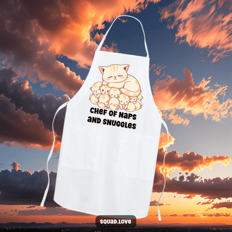 Funny apron with a content cat sleeping soundly on a heap of adorable, happy kittens, adding a humorous flair to cooking.