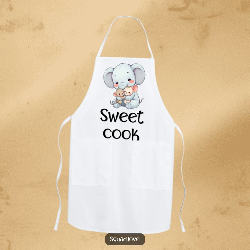 Funny Elephant and Mouse Apron: A gentle elephant hugs a tiny mouse, perfect for adding warmth to the kitchen.