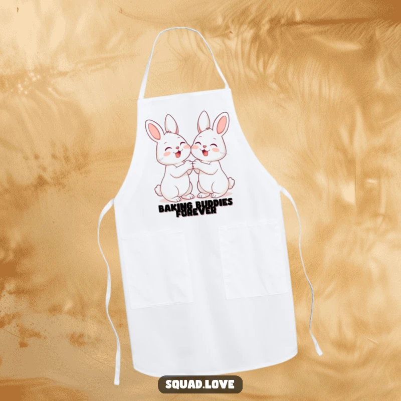 Funny kitchen apron showcasing two giggling bunnies holding paws, designed for those who enjoy baking and adorable, lighthearted humor.