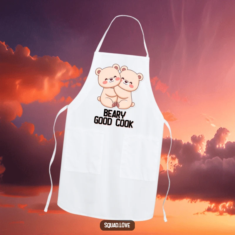 Funny apron showcasing two kawaii bears in a tight, beaming hug, perfect for joyful cooking and baking sessions.