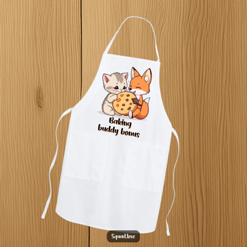 Funny kitten and fox apron featuring a playful kitten and a fox sharing a giant cookie, perfect for kitchen fun.