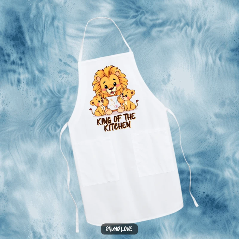 Funny apron showing a proud lion dad presenting a crayon drawing to his cubs, ideal for kitchen activities with a touch of paternal pride.