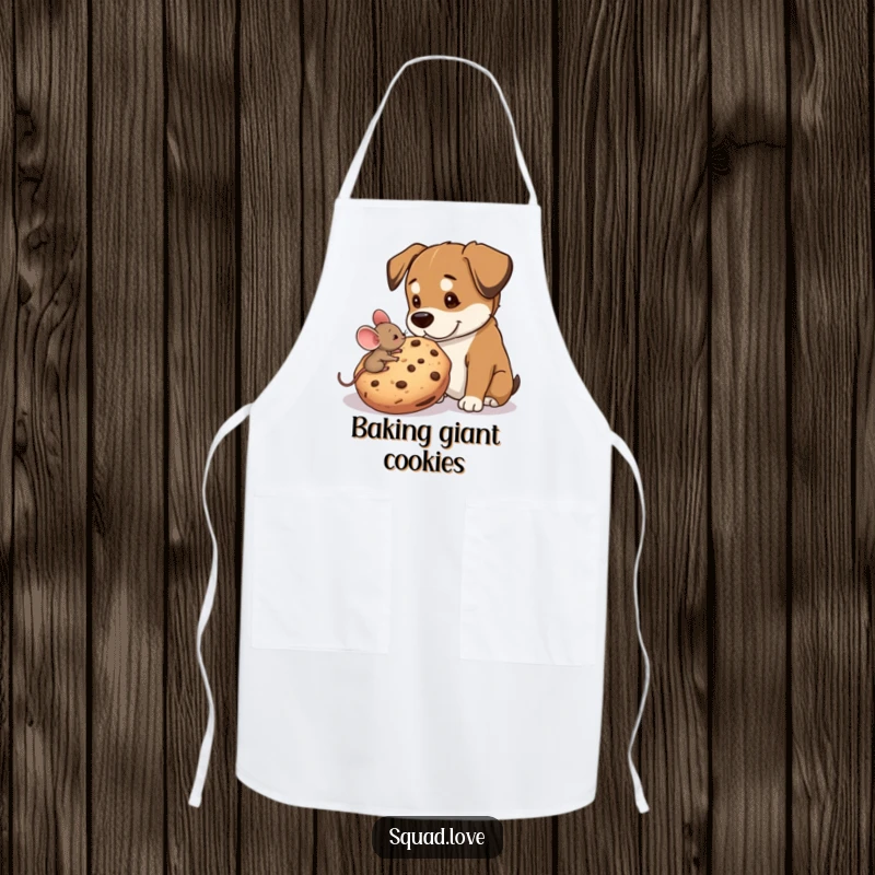 Funny kitchen apron showing a tiny mouse sharing a giant cookie with a big dog, perfect for baking with a sweet theme.