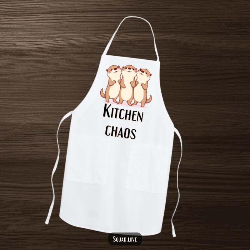 Funny otter dance apron, illustration of three otters performing a synchronized silly dance, full of glee, perfect for cooking fun.