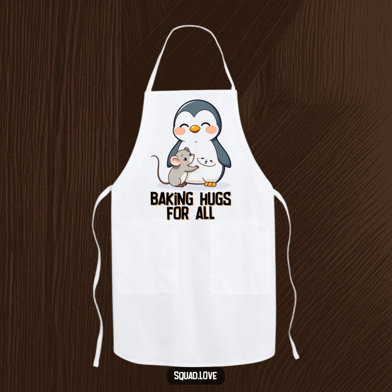 Funny apron depicting a happy penguin giving a loving hug to a shy mouse, adding humor and sweetness to kitchen tasks.