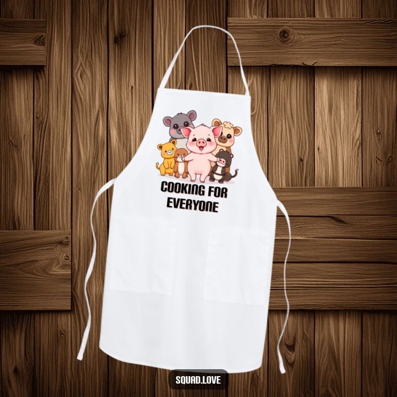 Funny piglet and friends apron featuring a happy piglet holding hands with a diverse group of animals, promoting kitchen unity.