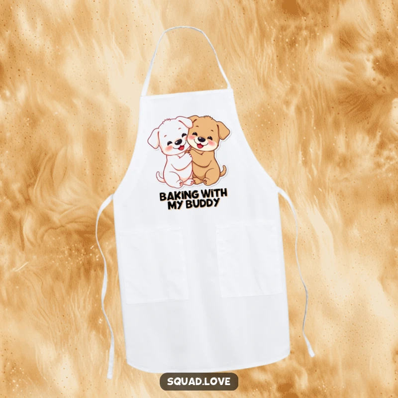Funny puppy hug apron featuring two smiling puppies hugging tightly, paws linked, adding charm to kitchen activities.