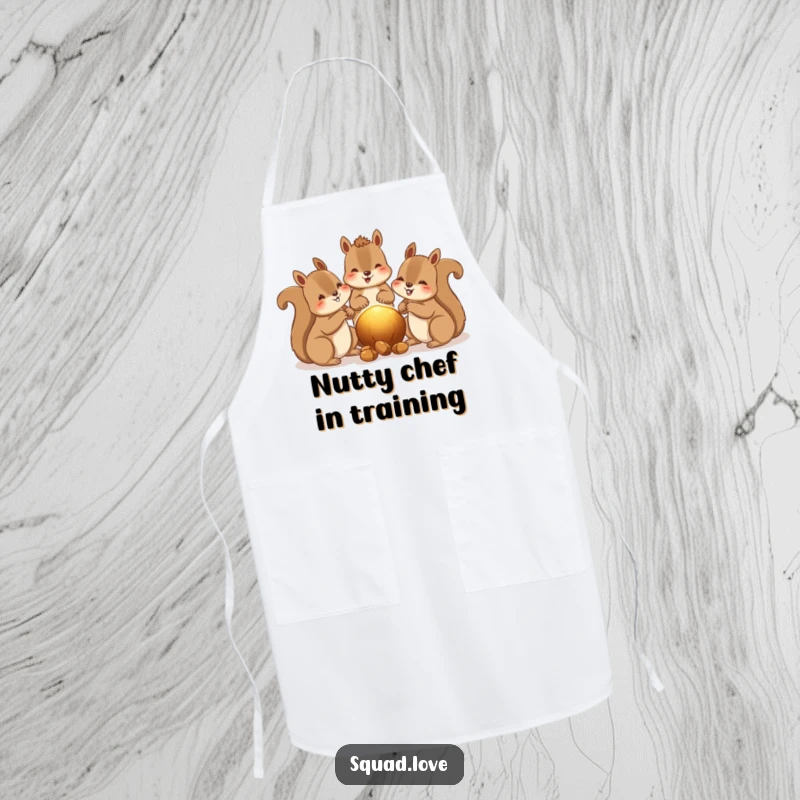 Funny apron with happy squirrels sharing nuts, a warm glow between them, perfect for a charming cook.