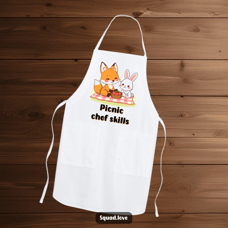 Funny apron showing a smiling fox and a friendly rabbit sharing a picnic, adding a touch of woodland charm to kitchen tasks.