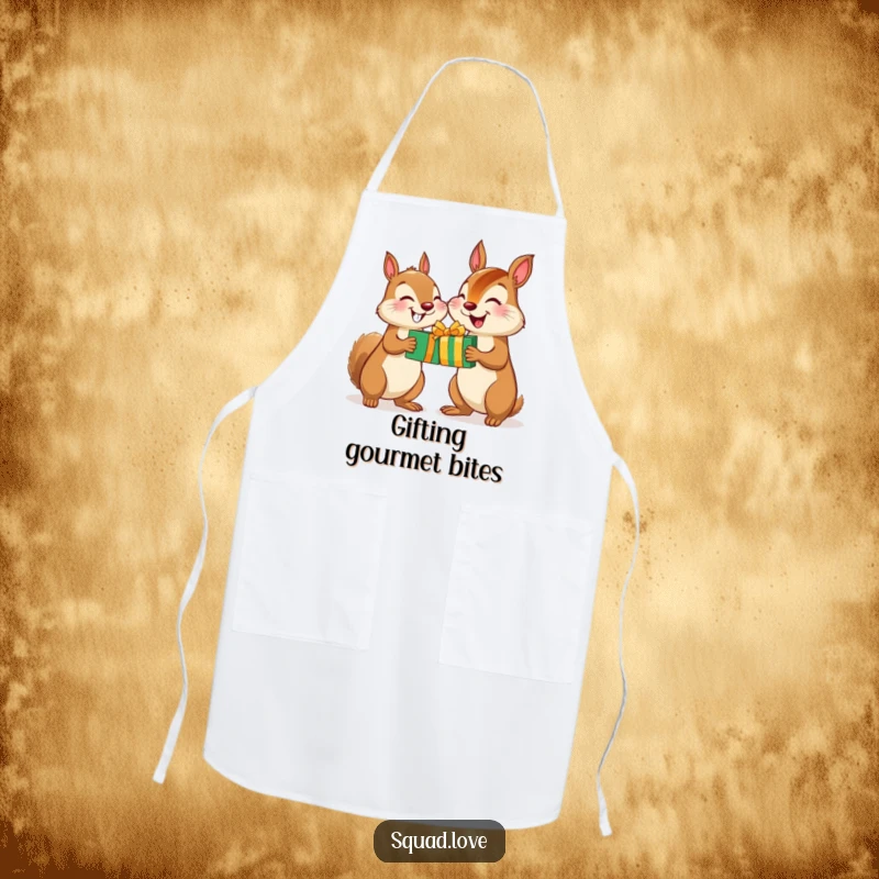 Funny Squirrel Chipmunk Gift Apron: A squirrel and chipmunk smiling happily while exchanging gifts, designed for kitchen fun and protection.