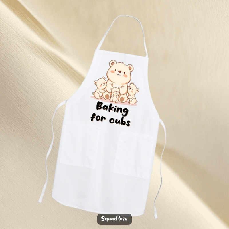 A proud kawaii mama bear watching her playful cubs, featured on a practical and adorable kitchen apron.