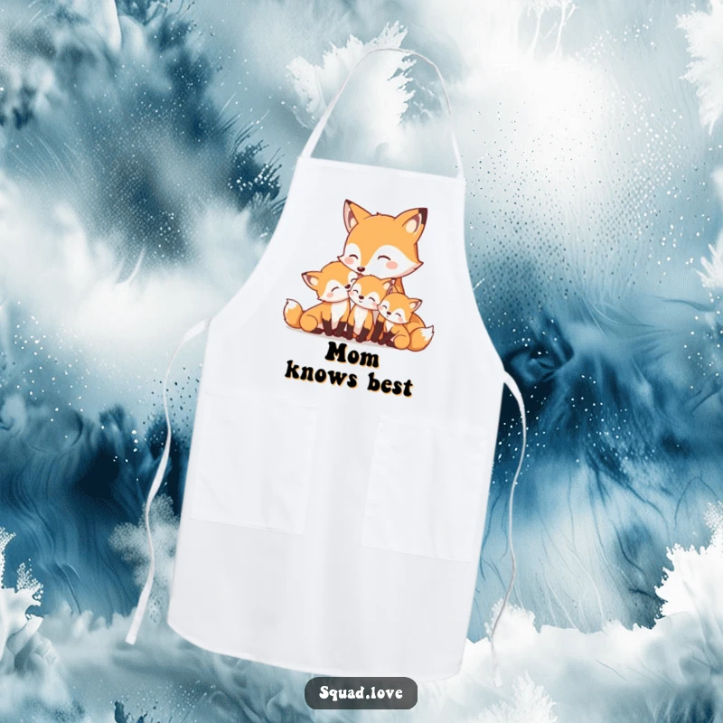 Funny apron with a mother fox nuzzling her smiling kits, perfect for protecting clothes with love.