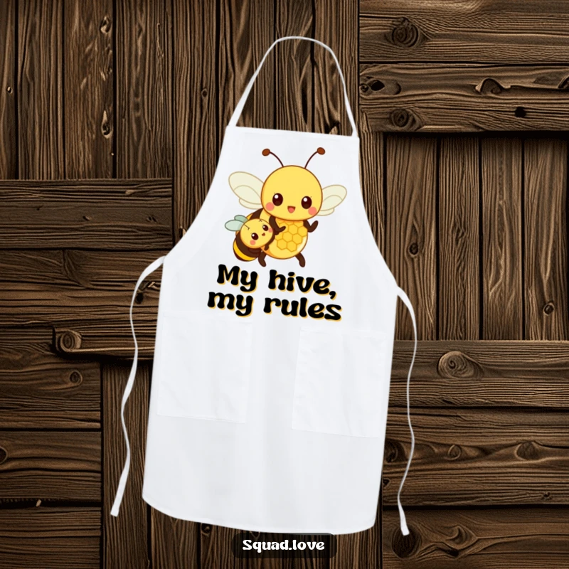 Funny apron featuring a proud parent bee instructing a younger bee about a honeycomb, perfect for a humorous kitchen and proud parents.