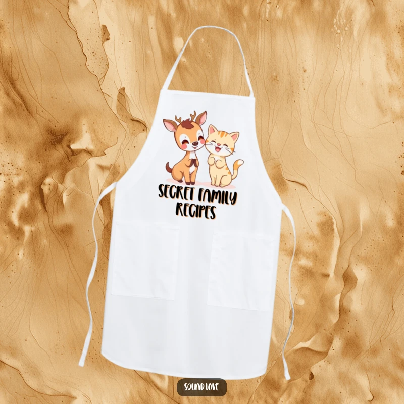 A joyful kawaii deer sharing a secret with a giggling cat, featured on a practical and charming kitchen apron.