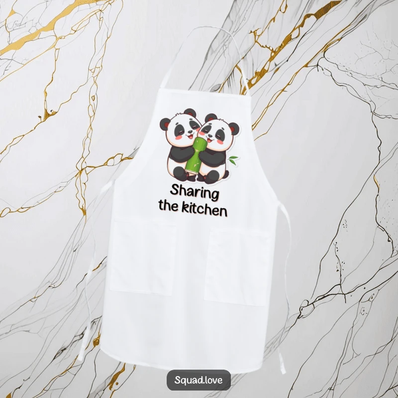 Funny Apron showcasing two smiling pandas hugging and sharing a giant bamboo shoot, perfect for adding charm to cooking.