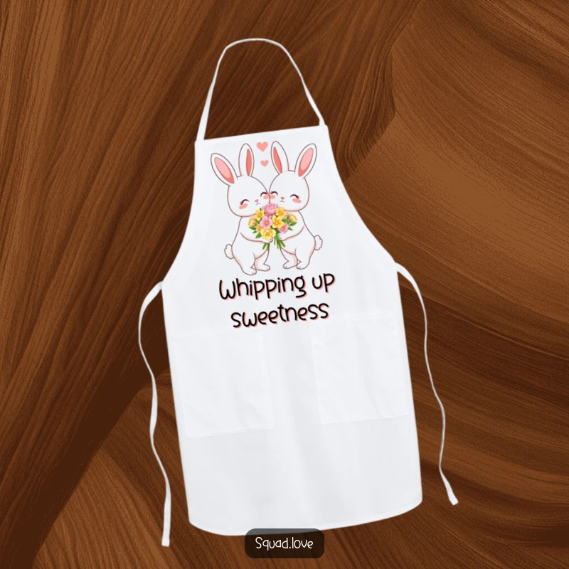 Funny apron with a bunny couple sharing flowers, perfect for gardening or kitchen fun. A lovely gift.