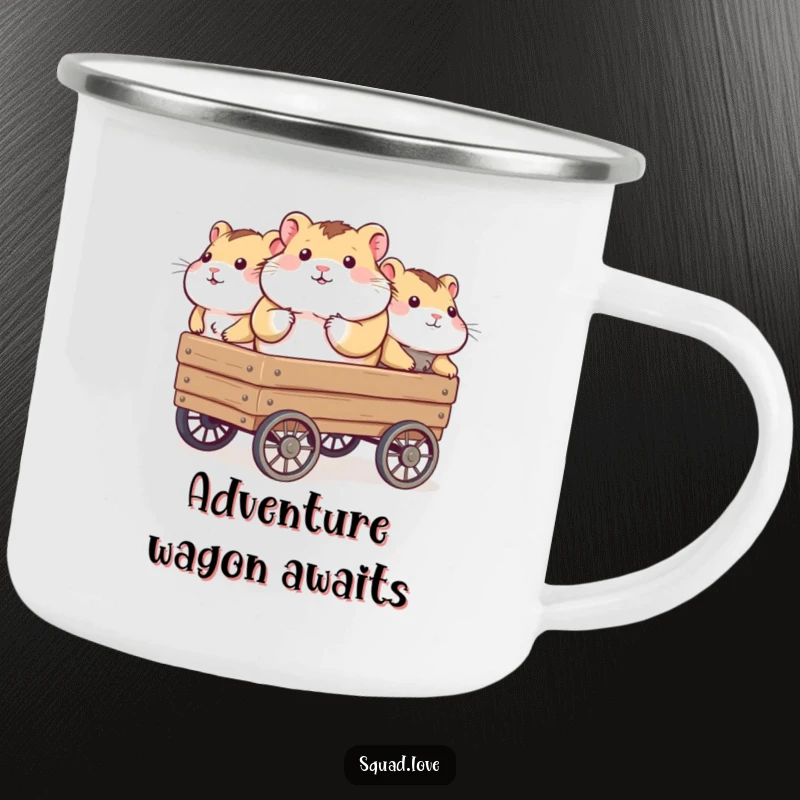 Funny camping mug featuring a chubby hamster being pulled in a wagon by friends, designed for durable, cheerful outdoor use.