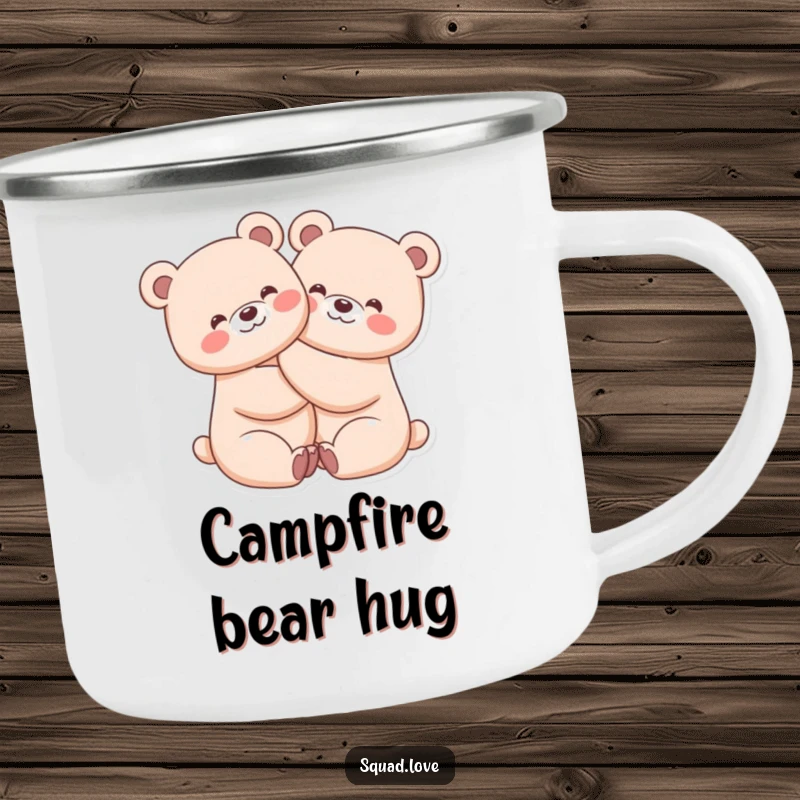 Funny camping mug with two kawaii bears in a tight, beaming hug, ideal for outdoor enjoyment and happy sips.