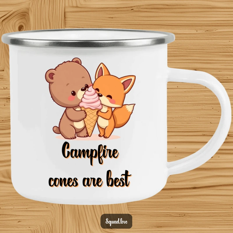 Funny camping mug with a bear cub and fox sharing a giant ice cream cone, perfect for outdoor enthusiasts and sweet moments.