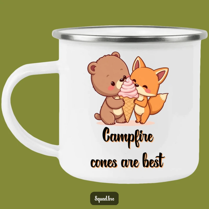Funny Bear Cub & Fox Ice Cream Enamel Mug, Outdoor Adventure Gift