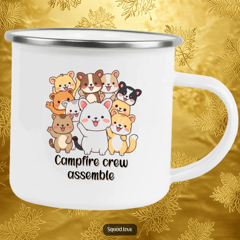 Funny camping mug featuring diverse animal friends waving enthusiastically, perfect for outdoor explorers and celebrating friendship.