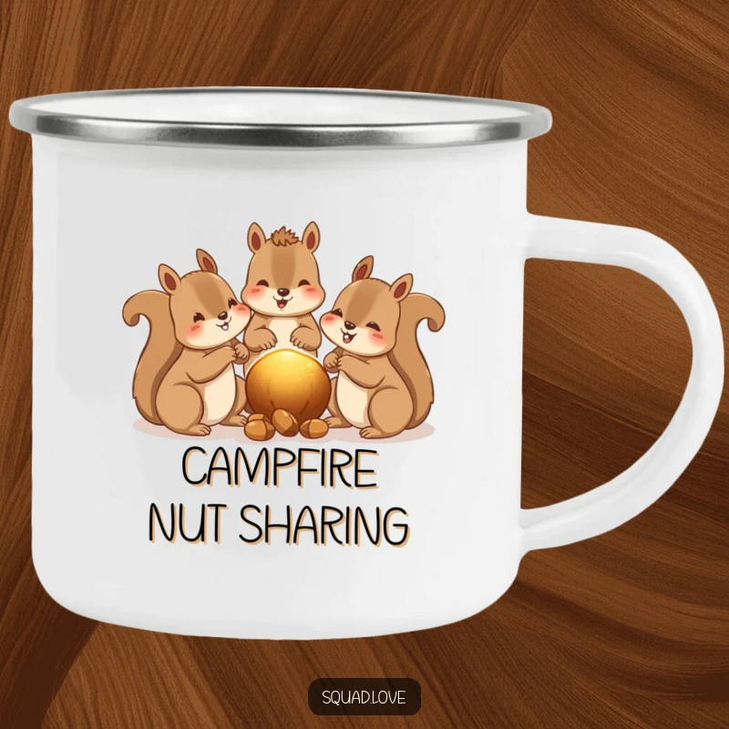 Funny camping mug with happy squirrels sharing nuts, a warm glow between them, durable for outdoor use.