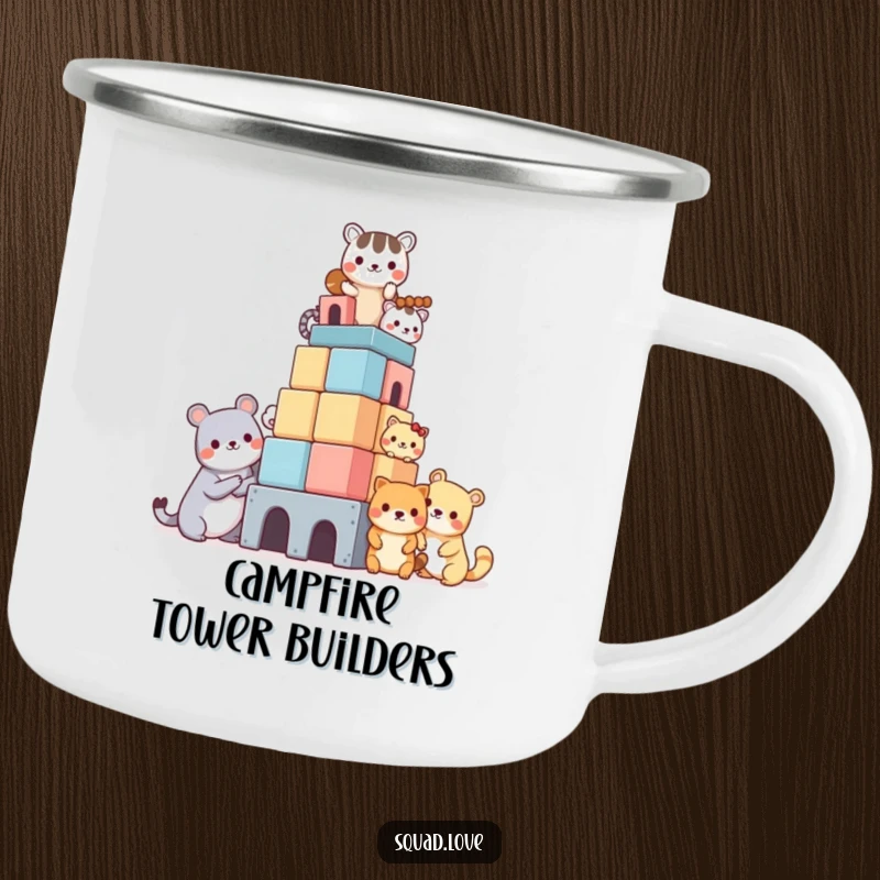 Funny camping mug depicting kawaii animals building a block tower, designed for outdoor use with a touch of whimsical humor.