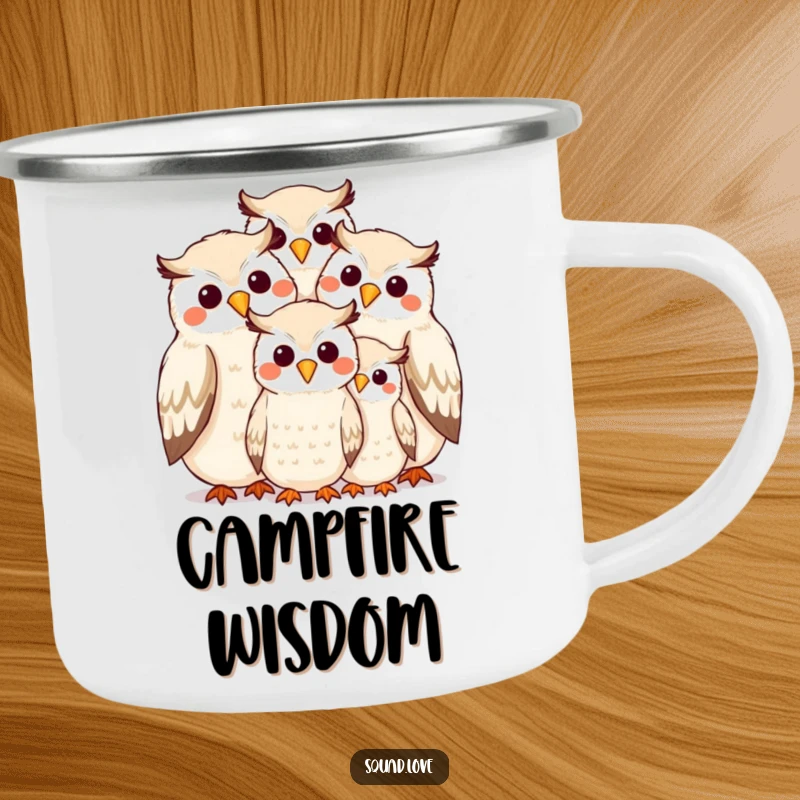 Funny owl family hugging beak to beak with smiles on a durable camping mug, perfect for outdoor use.