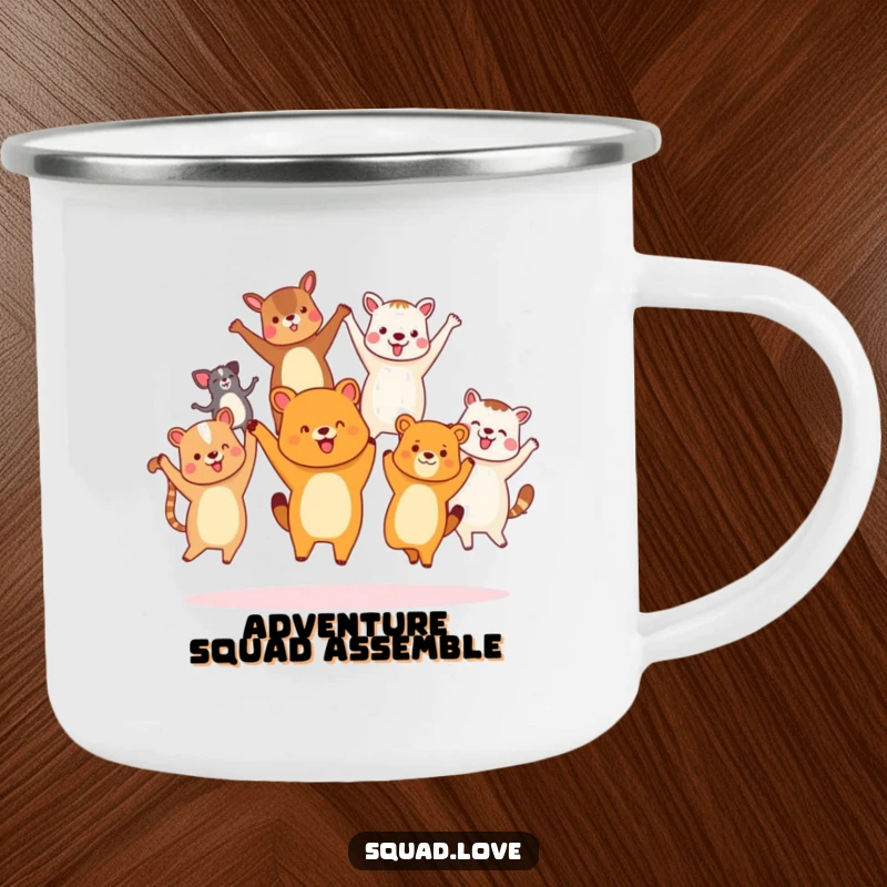 Funny diverse animal friends camping mug, holding hands and jumping joyfully, designed for outdoor adventures and unity.