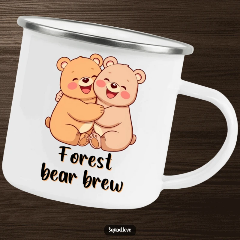 Funny enamel camping mug with two smiling bears with pink cheeks, hugging tightly, perfect for outdoor enthusiasts seeking joy.