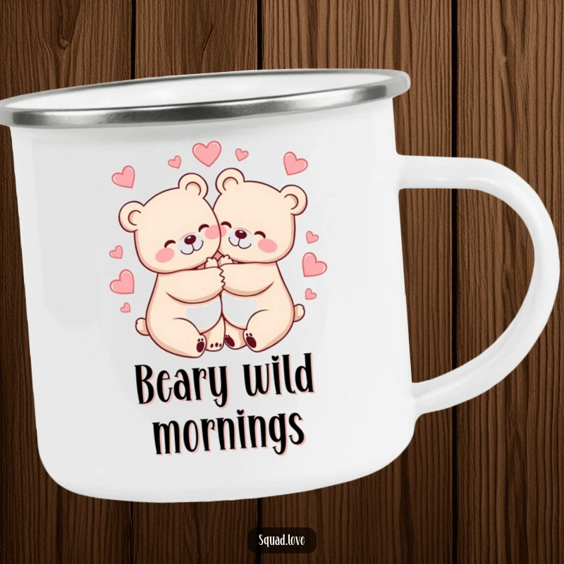 Funny camping mug with two cheerful bears hugging tightly, surrounded by hearts, durable for outdoor use.