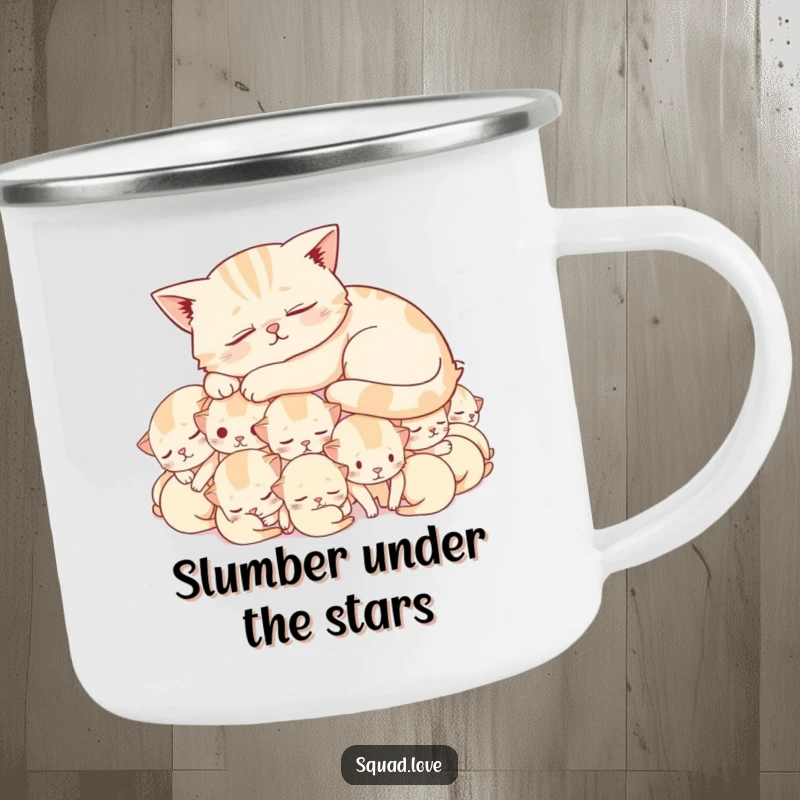 Funny camping mug depicting a content cat sleeping on a pile of adorable, cheerful kittens, ideal for humorous outdoor enjoyment.