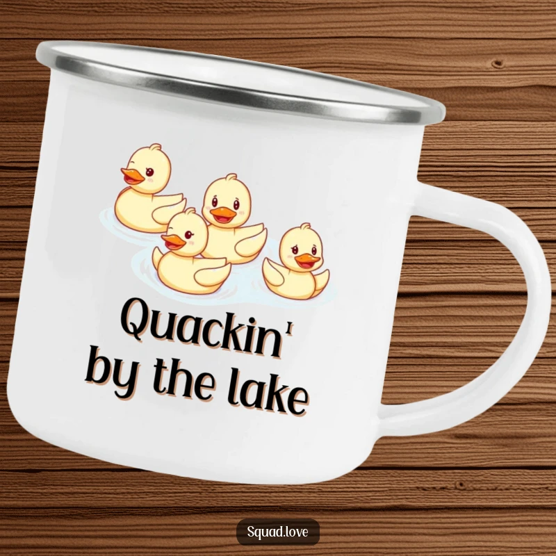 Funny camping mug with a smiling duck family swimming in perfect formation, perfect for enjoying beverages outdoors with cheerful aquatic fun.