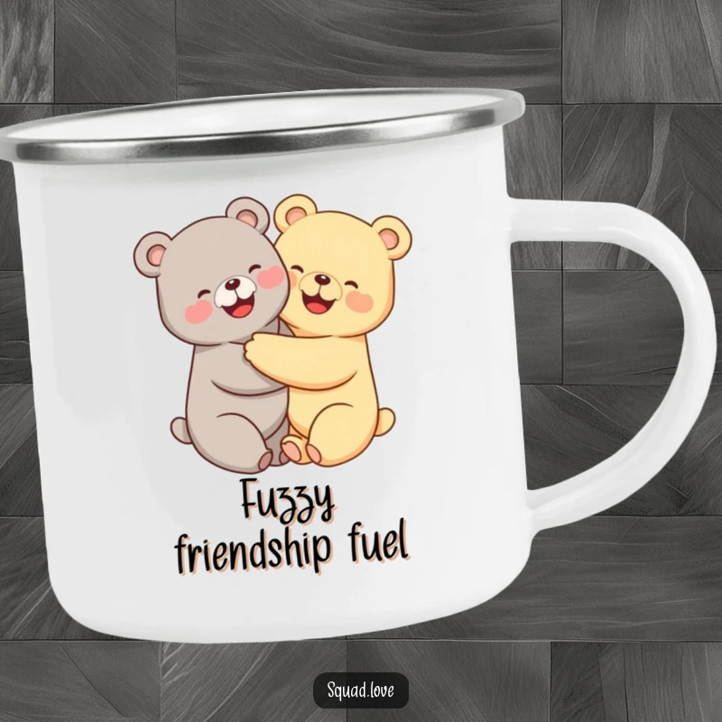 Funny kawaii bears camping mug, two cute bears hugging tightly with happy smiles, perfect for outdoor enjoyment.