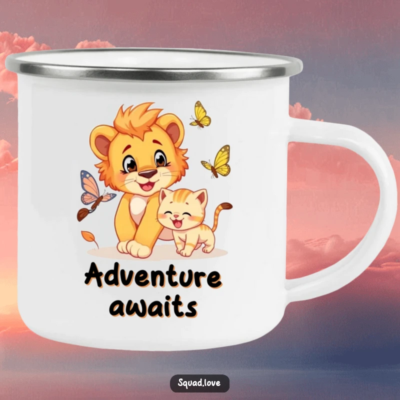 Funny camping mug showing a lion cub playfully chasing a butterfly, with a grinning kitten in pursuit, perfect for adventures.