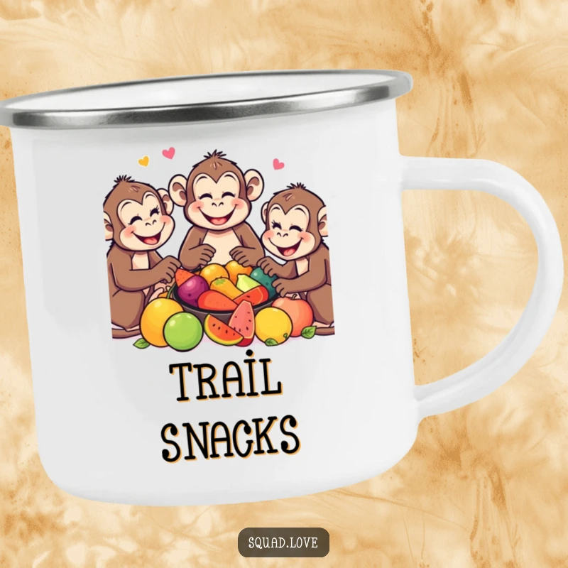 Funny Monkey Camping Mug: Monkeys sharing a fruit feast, ideal for outdoor adventures and warm beverages.