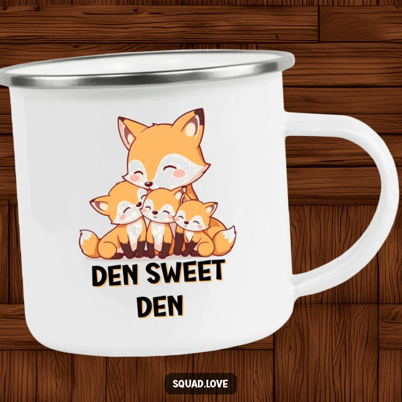 Funny mother fox nuzzling her smiling kits on a durable camping mug, perfect for outdoor enjoyment.
