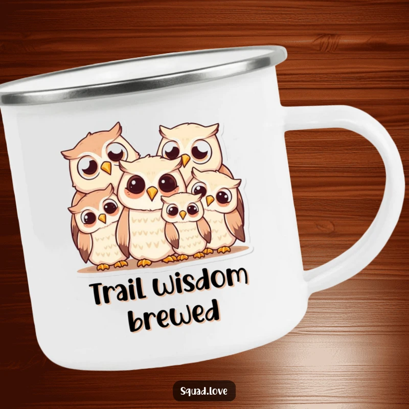 Funny owl family camping mug, showcasing a smiling huddle of owls, perfect for enjoying drinks in the great outdoors.