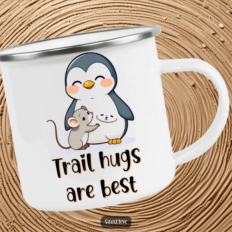 Funny camping mug showing a joyful penguin hugging a shy mouse, perfect for outdoor drinks with a touch of humor.