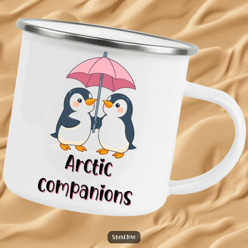Funny penguin umbrella camping mug, showing two playful penguins giggling and sharing an umbrella, perfect for outdoor drinks.