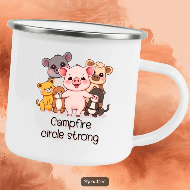 Funny piglet and friends camping mug showing a happy piglet holding hands with a diverse group of animals, ready for outdoor unity.