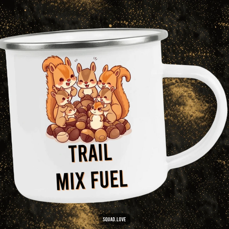 Funny camping mug showing a squirrel family chattering over acorns, perfect for outdoor enthusiasts and humorous woodland scenes.