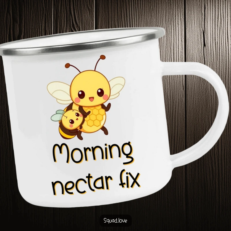 Funny camping mug showing a proud parent bee teaching a small bee about a honeycomb, perfect for outdoor enthusiasts and family humor.
