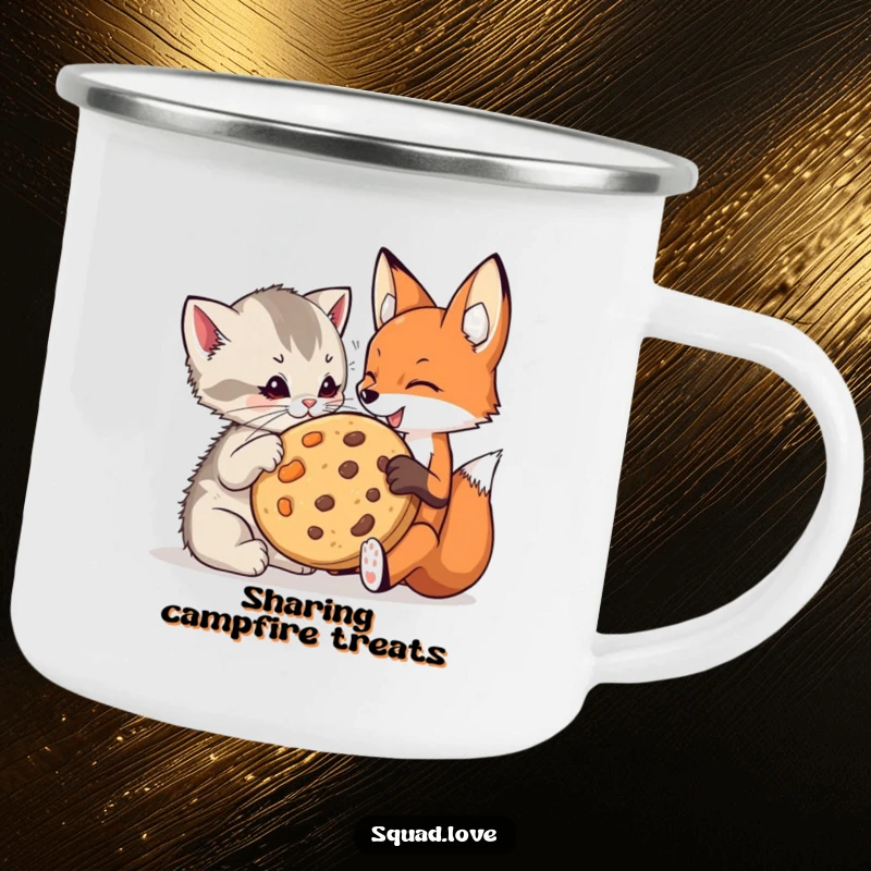 Funny kitten and fox camping mug showing a playful kitten and a fox sharing a giant cookie, ready for outdoor fun.